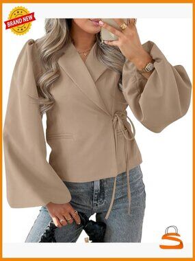 Puff Long Sleeve Blazer V Neck Wrap Cropped Trench Coat Work Office Dressy
